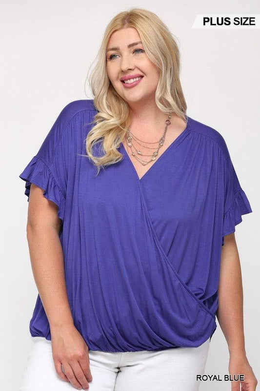 Solid Viscose Knit Surplice Top With Ruffle Sleeve | Mixtshop LLC