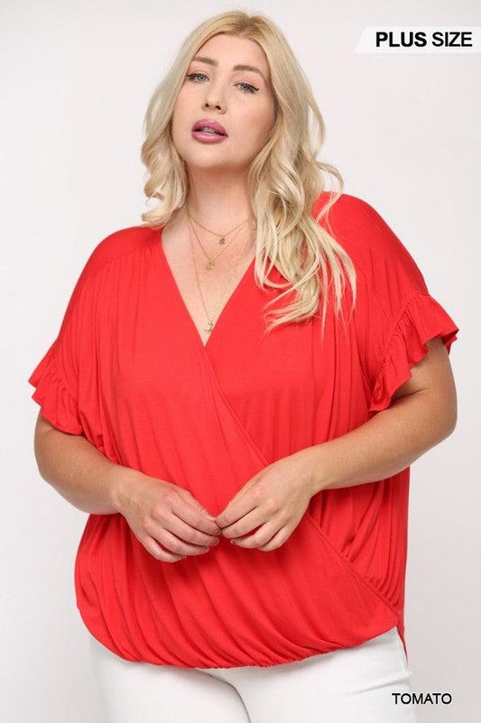 Solid Viscose Knit Surplice Top With Ruffle Sleeve | Mixtshop LLC