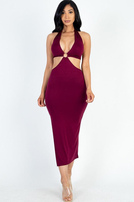 Cut-out Halter Neck Double Back Tie Split Thigh Midi Dress | Mixtshop LLC