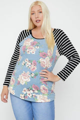 Floral Top Featuring Raglan Style Striped Sleeves And A Round Neck | Mixtshop LLC