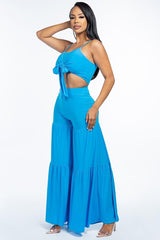 Solid Tie Front Spaghetti Strap Tank Top And Tiered Wide Leg Pants Two Piece Set | Mixtshop LLC
