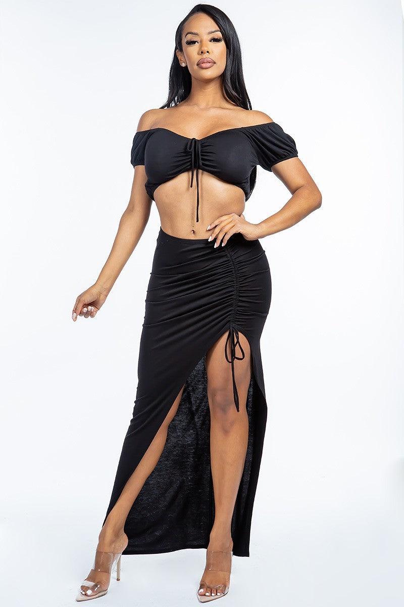 Solid Ruched Front Off The Shoulder Short Sleeve Cropped Top And Side Ruched Asymmetrical Skirt Two Piece Set | Mixtshop LLC