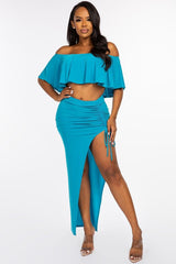 Solid Ity Off The Shoulder Ruffled Cropped Top And Ruched Maxi Skirt Two Piece Set | Mixtshop LLC