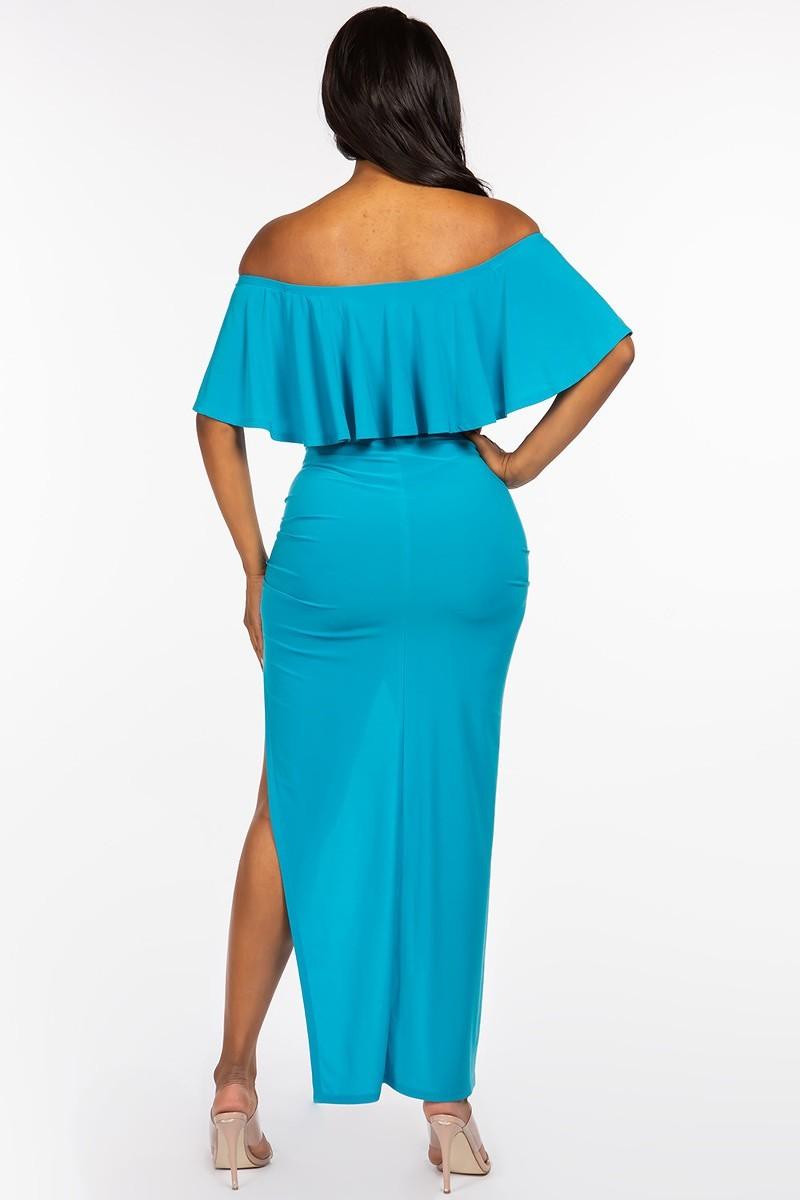 Solid Ity Off The Shoulder Ruffled Cropped Top And Ruched Maxi Skirt Two Piece Set | Mixtshop LLC