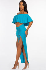 Solid Ity Off The Shoulder Ruffled Cropped Top And Ruched Maxi Skirt Two Piece Set | Mixtshop LLC