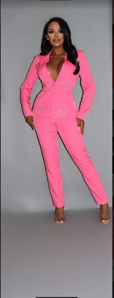 2 Piece Powersuit Blazer & Pants Set With Rhinestone Letterings On Blazer | Mixtshop LLC