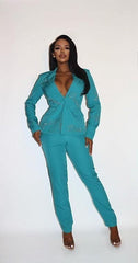 2 Piece Powersuit Blazer & Pants Set With Rhinestone Letterings On Blazer | Mixtshop LLC