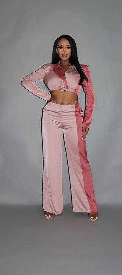 Colorblock Crop Blazer With Matching Low Rise Wide Leg Pant Set With Pockets | Mixtshop LLC