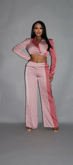 Colorblock Crop Blazer With Matching Low Rise Wide Leg Pant Set With Pockets | Mixtshop LLC
