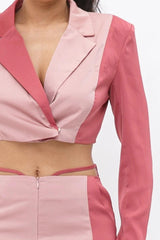 Colorblock Crop Blazer With Matching Low Rise Wide Leg Pant Set With Pockets | Mixtshop LLC