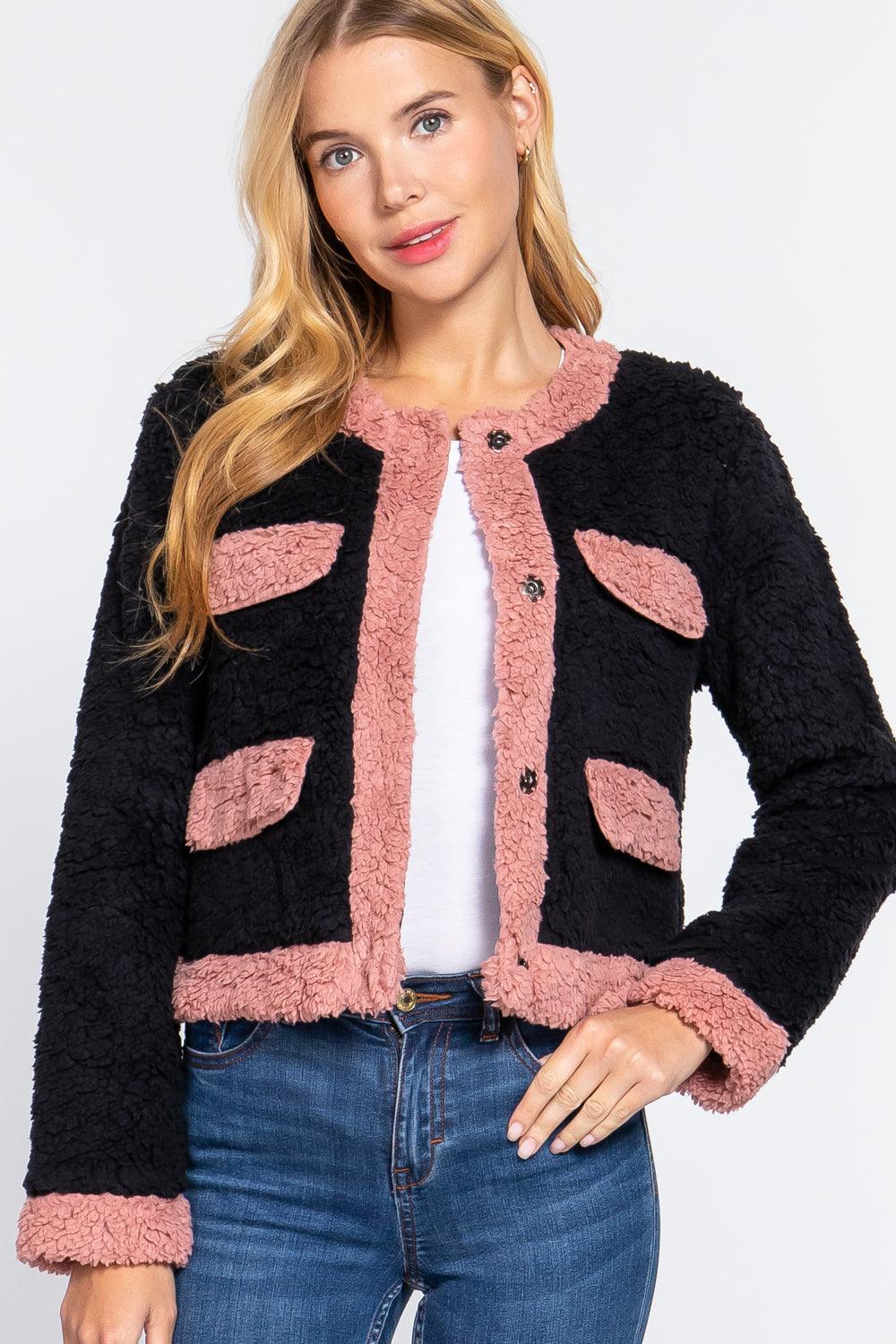 Long Sleeve Pocket Detail Faux Fur Jacket | Mixtshop LLC