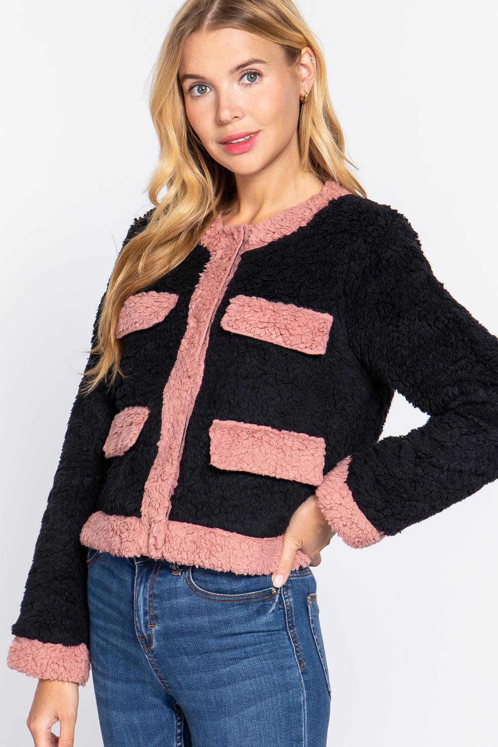 Long Sleeve Pocket Detail Faux Fur Jacket | Mixtshop LLC