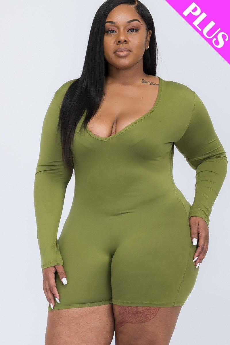 Plus V-neck Long Sleeve Bodycon Romper | Mixtshop LLC