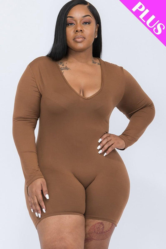 Plus V-neck Long Sleeve Bodycon Romper | Mixtshop LLC