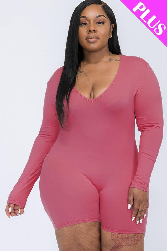 Plus V-neck Long Sleeve Bodycon Romper | Mixtshop LLC