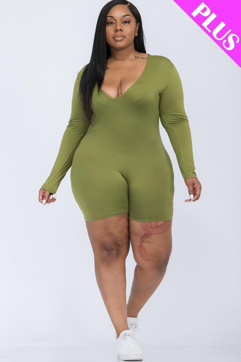 Plus V-neck Long Sleeve Bodycon Romper | Mixtshop LLC