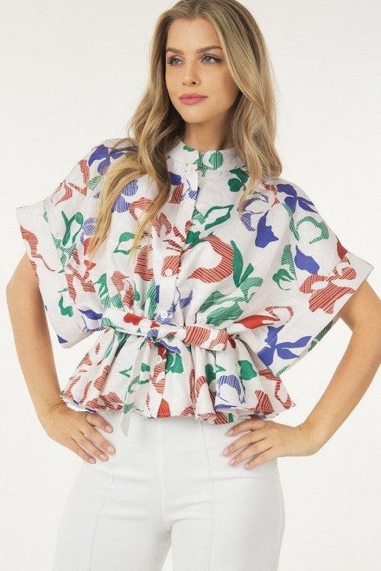 Floral Print Short Sleeve Top With Waist Tie | Mixtshop LLC