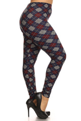 Plus Size Plaid Graphic Printed Knit Legging With Elastic Waist Detail | Mixtshop LLC