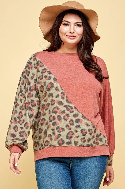 Plus Size Cute Animal French Terry Brush Contrast Print Pullover | Mixtshop LLC