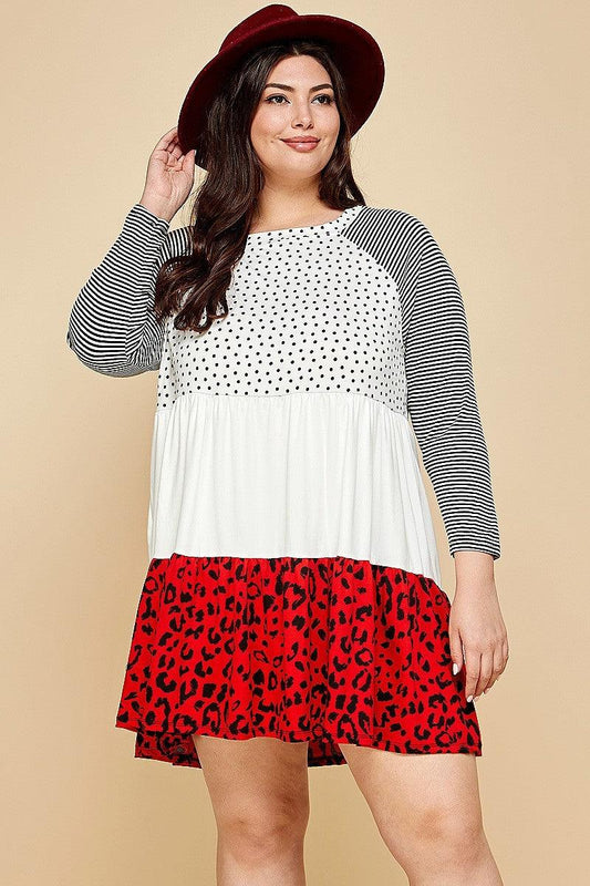 Plus Size Cute Polka Dot And Animal Print Contrast Swing Tiered Dress | Mixtshop LLC