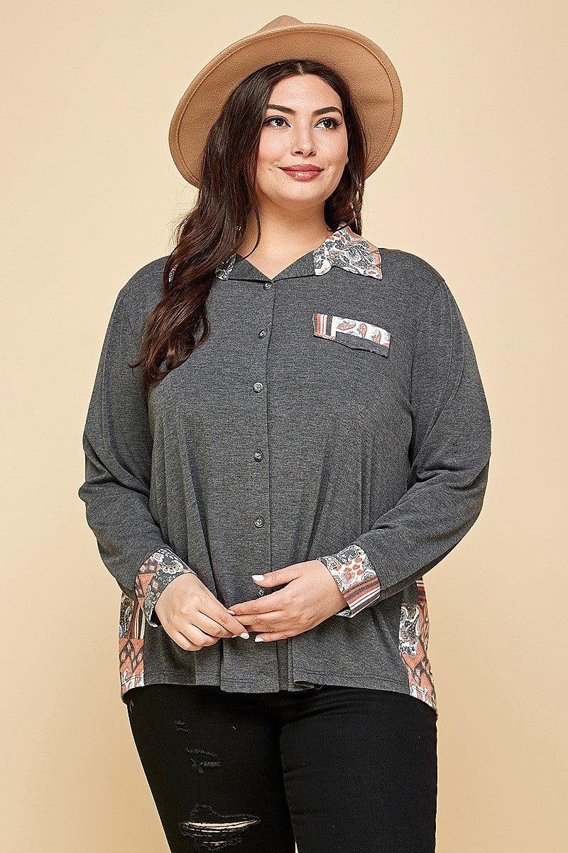 Plus Size Printed Patchwork Contrast Button Up Shirt | Mixtshop LLC