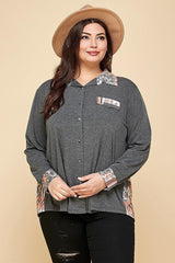 Plus Size Printed Patchwork Contrast Button Up Shirt | Mixtshop LLC