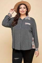 Plus Size Printed Patchwork Contrast Button Up Shirt | Mixtshop LLC