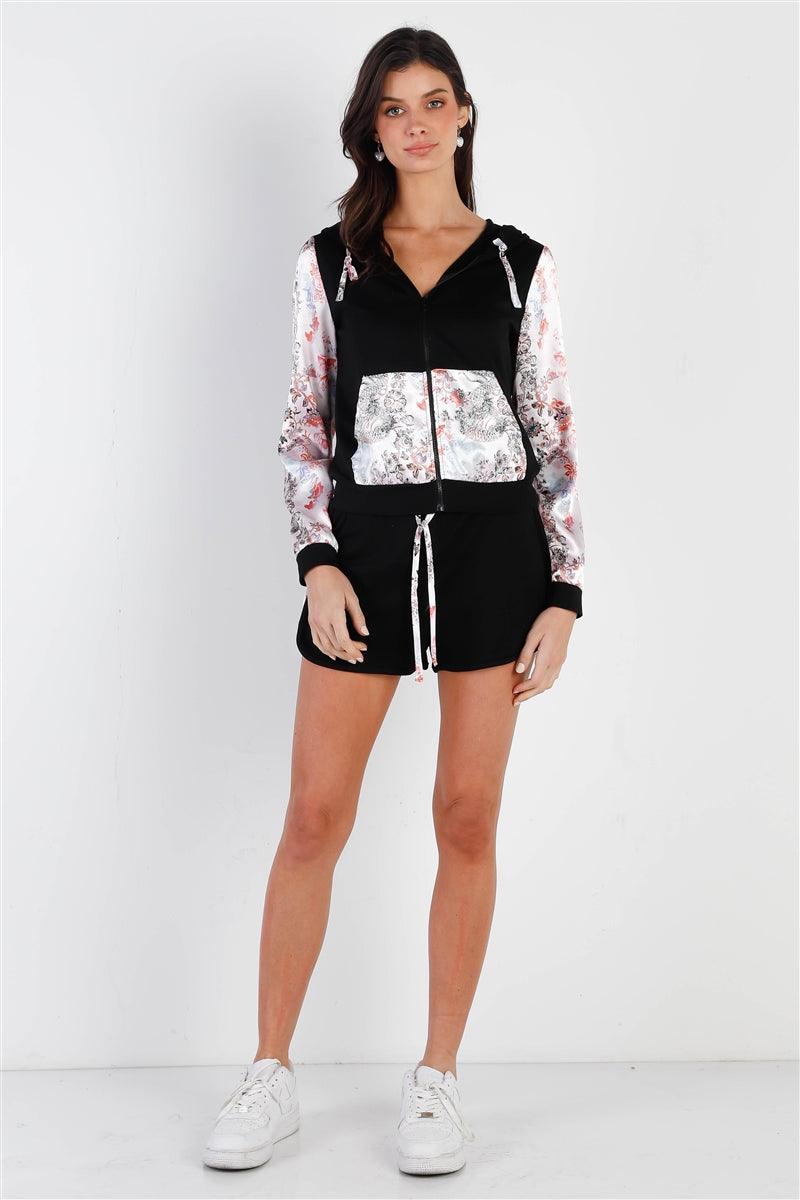 Black & Multi Color Print Colorblock Zip-up Hooded Top & Short Set | Mixtshop LLC