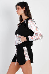 Black & Multi Color Print Colorblock Zip-up Hooded Top & Short Set | Mixtshop LLC