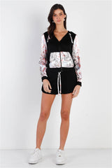 Black & Multi Color Print Colorblock Zip-up Hooded Top & Short Set | Mixtshop LLC