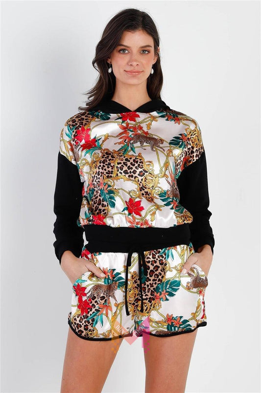 Black & Ivory Satin Effect Animal Print Hooded Top & Short Set | Mixtshop LLC