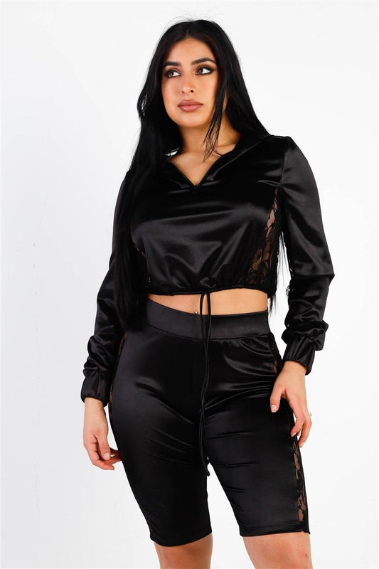Satin Lace Details Long Sleeve Hooded Crop Top & Biker Short Set | Mixtshop LLC