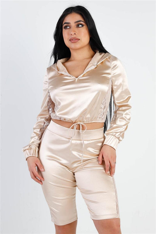 Satin Lace Details Long Sleeve Hooded Crop Top & Biker Short Set | Mixtshop LLC
