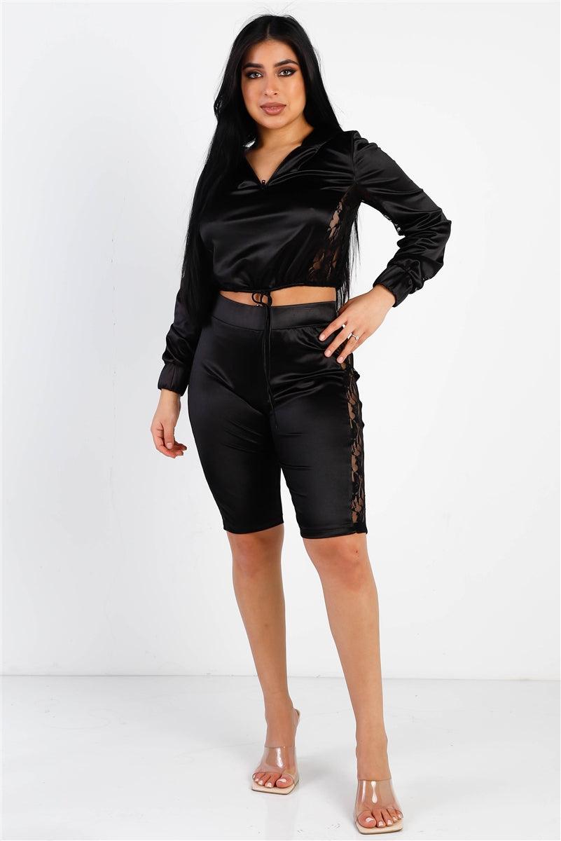 Satin Lace Details Long Sleeve Hooded Crop Top & Biker Short Set | Mixtshop LLC