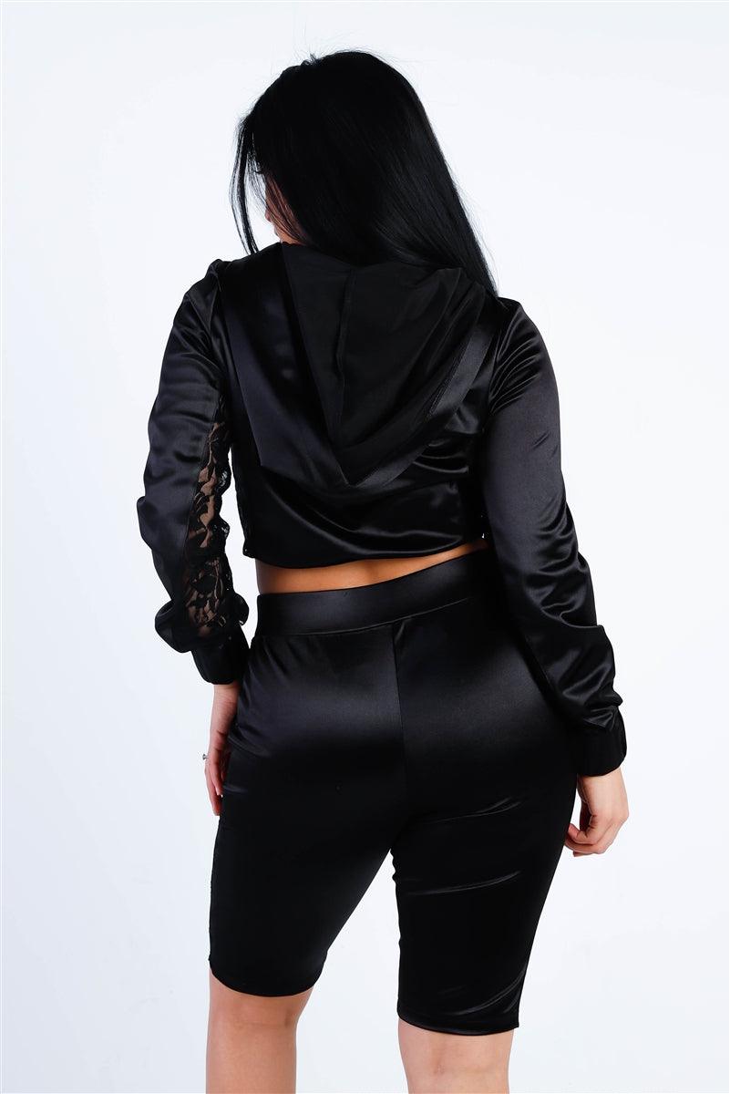 Satin Lace Details Long Sleeve Hooded Crop Top & Biker Short Set | Mixtshop LLC