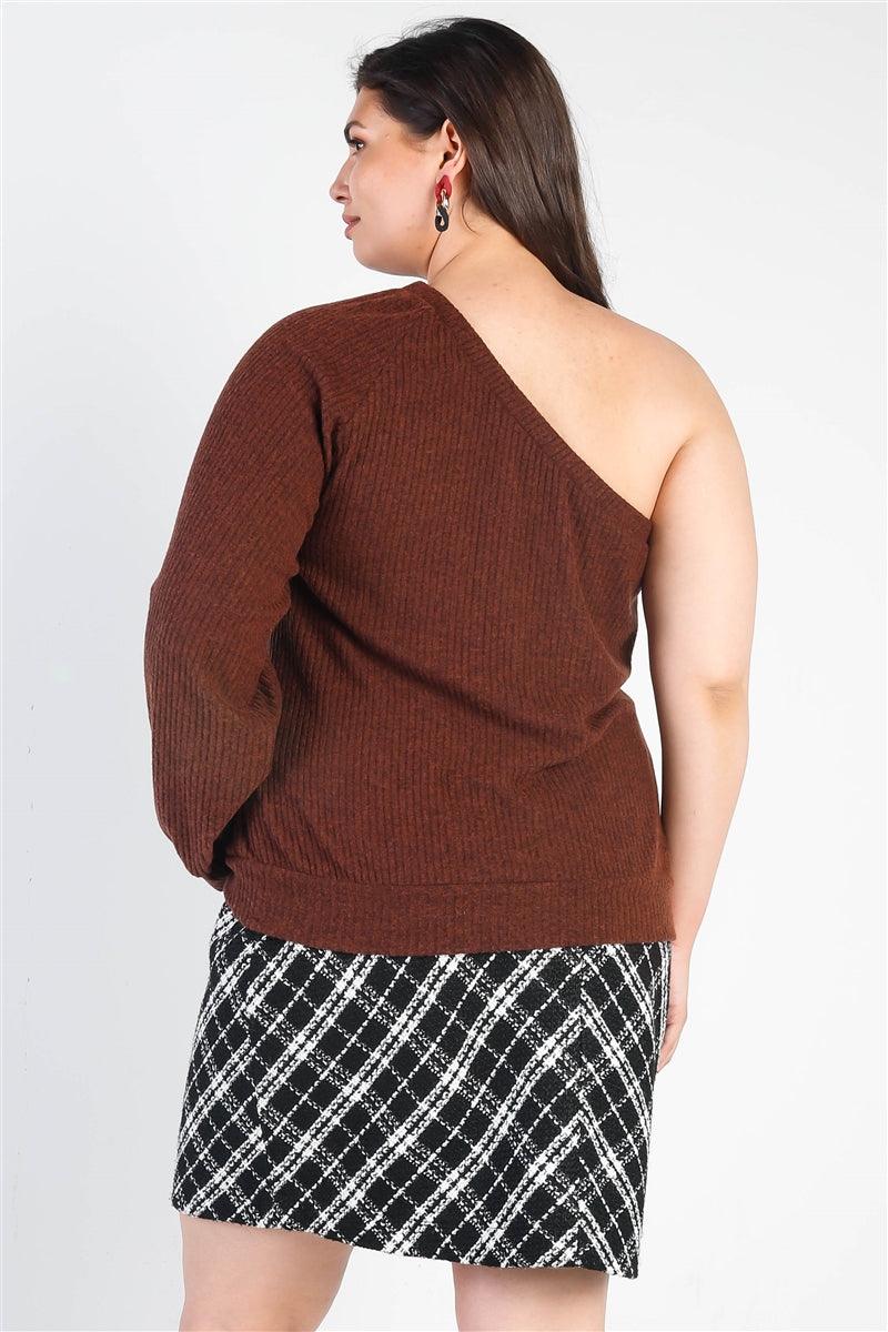 Plus Brown Ribbed Textured One Shoulder Top | Mixtshop LLC