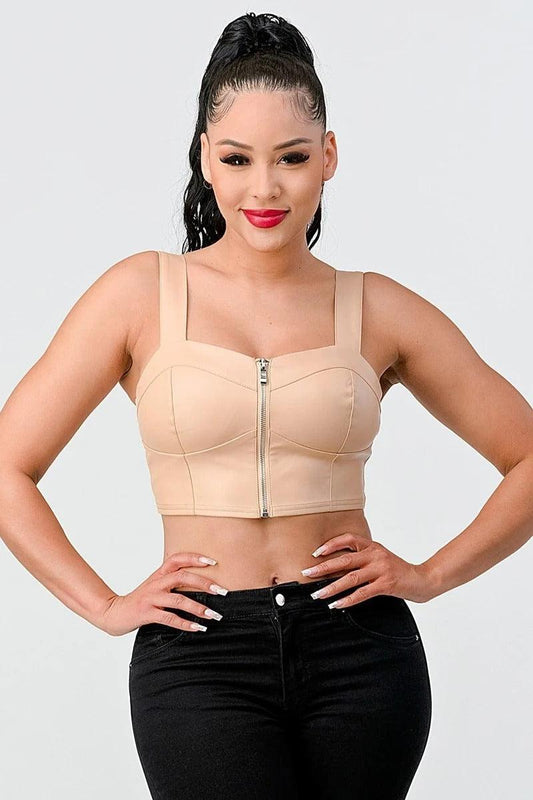 Lux Faux Leather Pu Zipup Strap Sleeveless Cropped Top | Mixtshop LLC