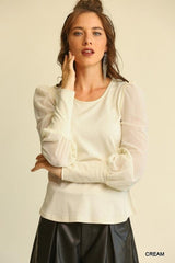 Solid Knit And Chiffon Mixed Top With Puff Long Sleeve | Mixtshop LLC