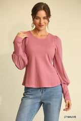 Solid Knit And Chiffon Mixed Top With Puff Long Sleeve | Mixtshop LLC