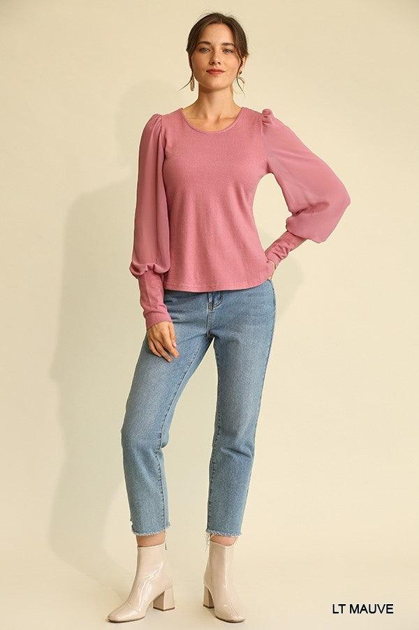 Solid Knit And Chiffon Mixed Top With Puff Long Sleeve | Mixtshop LLC