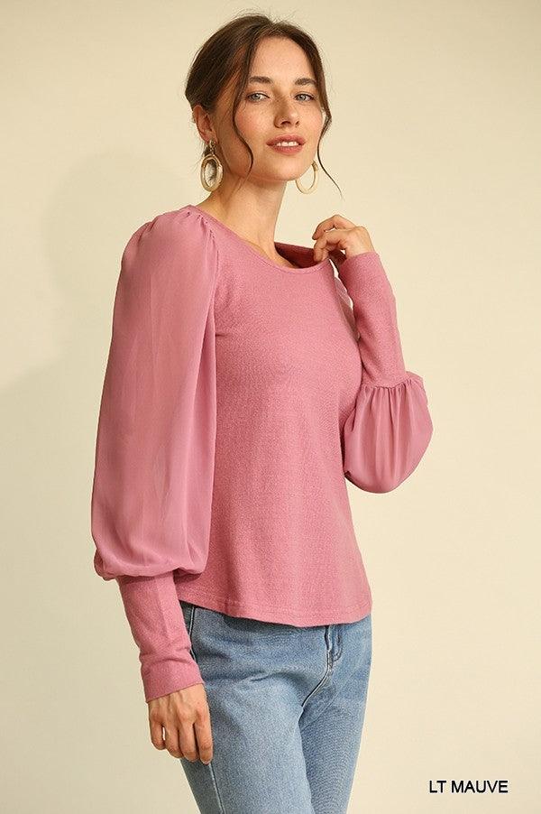 Solid Knit And Chiffon Mixed Top With Puff Long Sleeve | Mixtshop LLC
