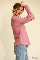 Solid Knit And Chiffon Mixed Top With Puff Long Sleeve | Mixtshop LLC