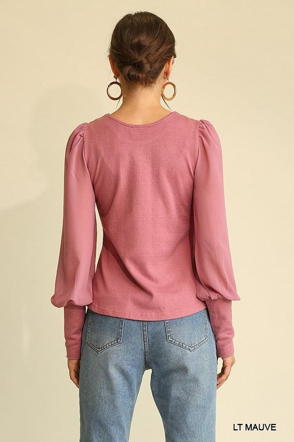 Solid Knit And Chiffon Mixed Top With Puff Long Sleeve | Mixtshop LLC