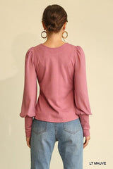 Solid Knit And Chiffon Mixed Top With Puff Long Sleeve | Mixtshop LLC