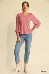 Solid Knit And Chiffon Mixed Top With Puff Long Sleeve | Mixtshop LLC