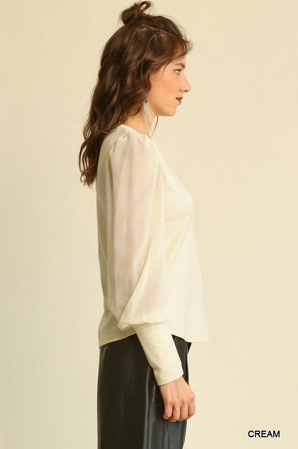 Solid Knit And Chiffon Mixed Top With Puff Long Sleeve | Mixtshop LLC