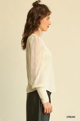 Solid Knit And Chiffon Mixed Top With Puff Long Sleeve | Mixtshop LLC