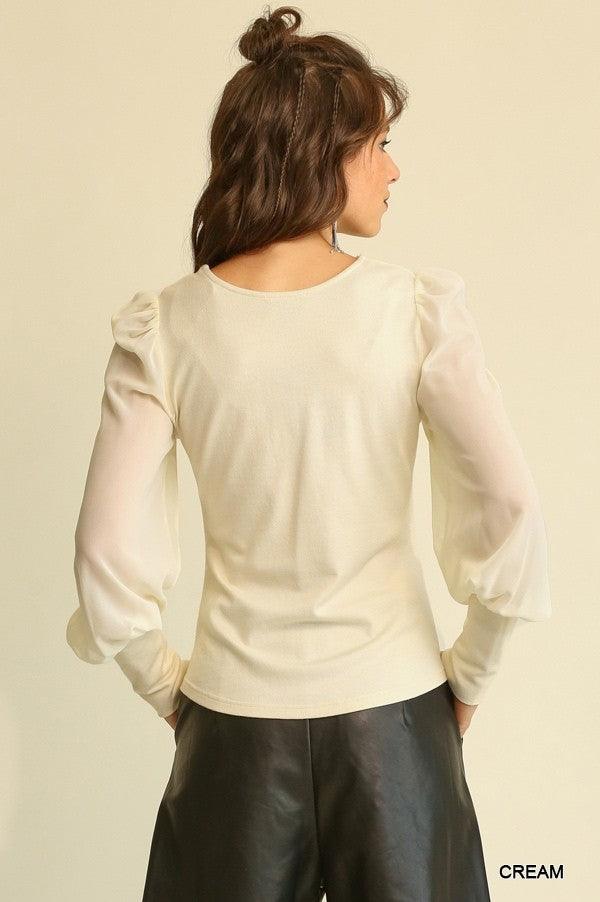 Solid Knit And Chiffon Mixed Top With Puff Long Sleeve | Mixtshop LLC
