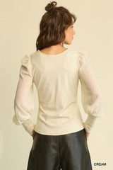 Solid Knit And Chiffon Mixed Top With Puff Long Sleeve | Mixtshop LLC