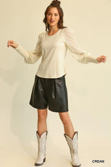 Solid Knit And Chiffon Mixed Top With Puff Long Sleeve | Mixtshop LLC